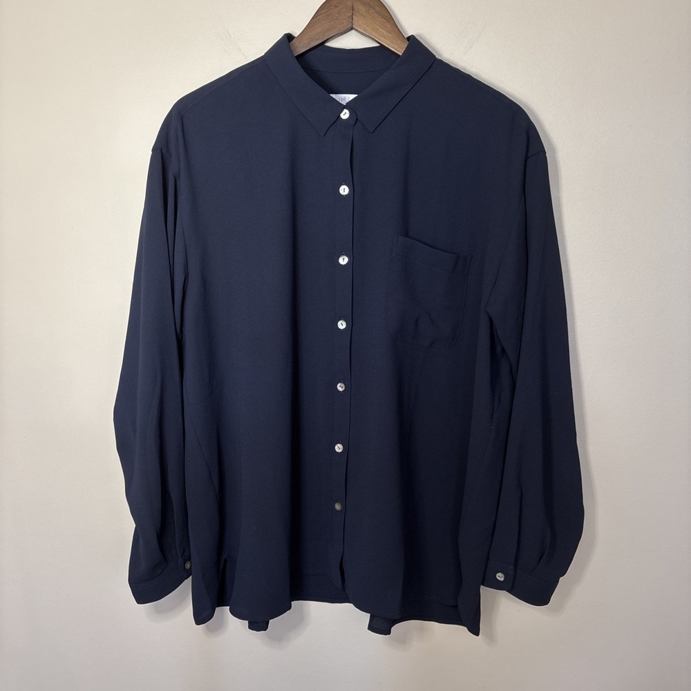J. Jill Navy Blue Campari Button Down Shirttail Crepe Long Sleeve Top Large NWT